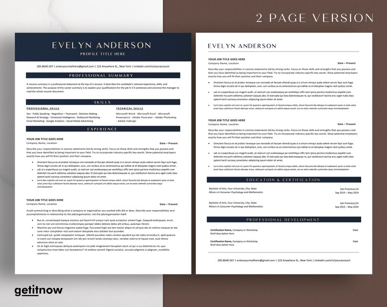 May include: A two-page resume template with a dark blue and gold color scheme. The resume includes sections for professional summary, skills, experience, education and certification, and professional development. The text "2 PAGE VERSION" is at the top of the second page.