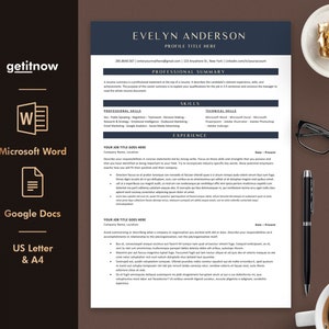 May include: A dark blue and white resume template with the name Evelyn Anderson and the title "Profile Title Here". The resume includes sections for professional summary, skills, experience, and contact information.