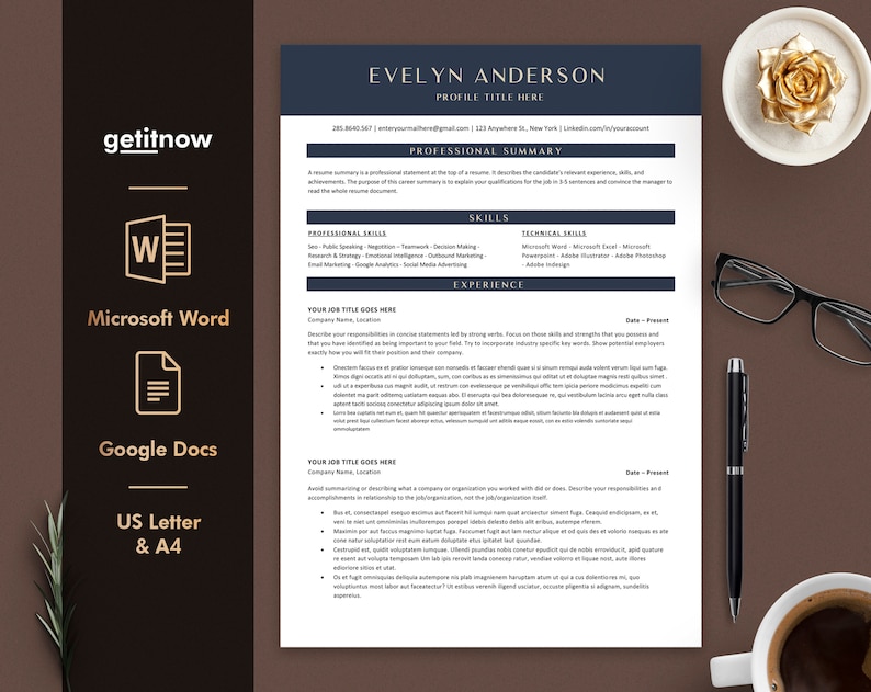 May include: A dark blue and white resume template with the name Evelyn Anderson and the title "Profile Title Here". The resume includes sections for professional summary, skills, experience, and contact information.