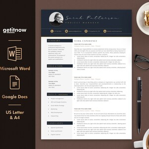 May include: A black and gold resume template with a photo of a woman in the top left corner. The resume includes sections for summary, work experience, education, skills, and languages. The text "Sarah Patterson, Project Manager" is at the top of the page.