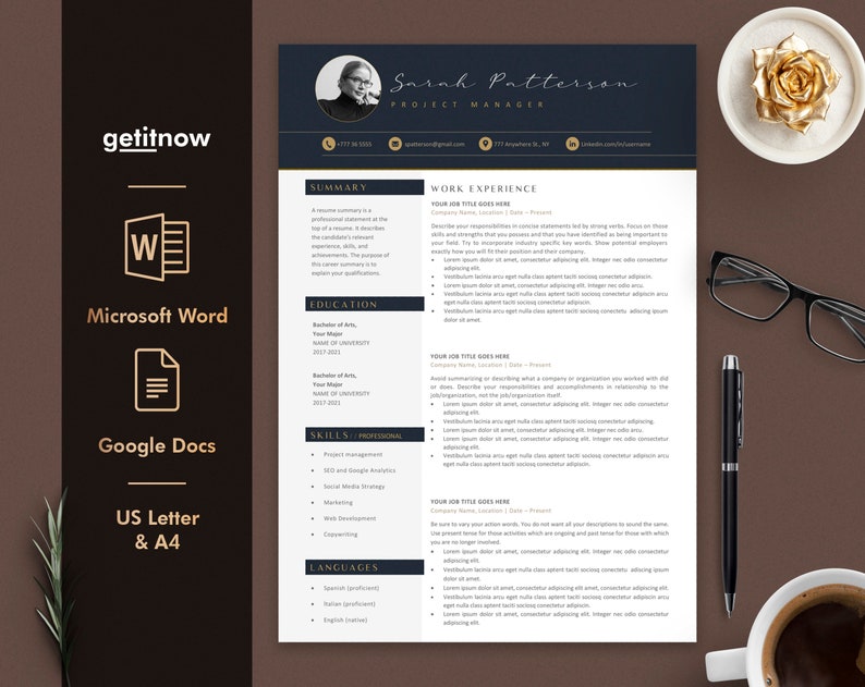 May include: A black and gold resume template with a photo of a woman in the top left corner. The resume includes sections for summary, work experience, education, skills, and languages. The text "Sarah Patterson, Project Manager" is at the top of the page.