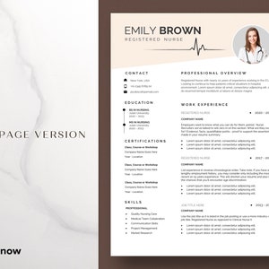 Op de afbeelding: Een cv-sjabloon voor een geregistreerde verpleegkundige genaamd Emily Brown. Het cv bevat contactgegevens, opleiding, werkervaring, certificeringen en vaardigheden. Het sjabloon is ontworpen om &eacute;&eacute;n pagina lang te zijn.