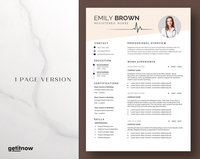 Op de afbeelding: Een cv-sjabloon voor een geregistreerde verpleegkundige genaamd Emily Brown. Het cv bevat contactgegevens, opleiding, werkervaring, certificeringen en vaardigheden. Het sjabloon is ontworpen om &eacute;&eacute;n pagina lang te zijn.