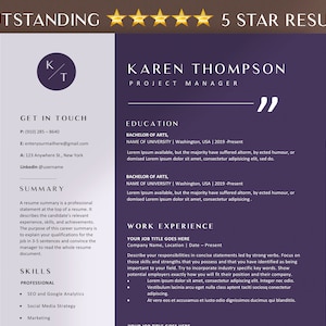May include: A purple and white resume template with the text "Outstanding 5 Star Resume" at the top. The resume is for Karen Thompson, Project Manager. The resume includes sections for education, work experience, skills, and contact information.