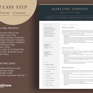 May include: A resume template with a dark blue and gold design. The template includes sections for a summary, work experience, education, and skills. The image also includes the text "2 Easy Step" and "You Will Receive".
