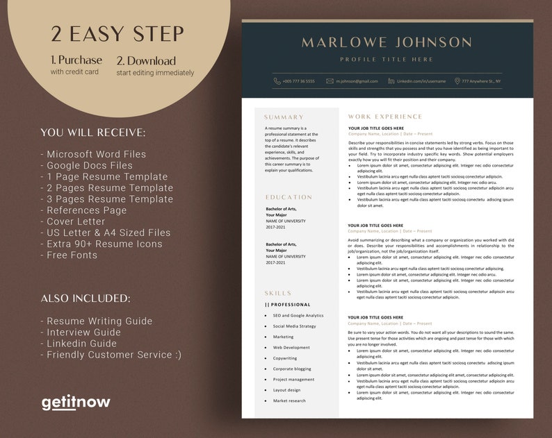 May include: A resume template with a dark blue and gold design. The template includes sections for a summary, work experience, education, and skills. The image also includes the text "2 Easy Step" and "You Will Receive".