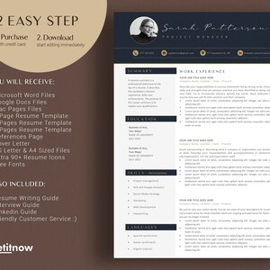 May include: A resume template with a dark blue and gold colour scheme. The template includes a summary, work experience, education, skills, and languages sections. The template is designed to help job seekers create professional resumes.