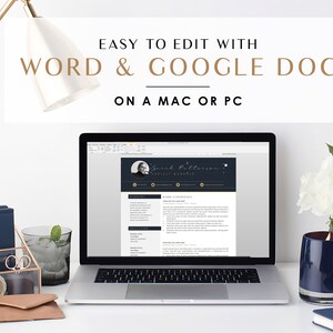 May include: A laptop computer displaying a resume template on the screen. The resume is in a dark blue and gold colour scheme. The text on the screen reads "Easy to edit with Word & Google Doc on a Mac or PC".