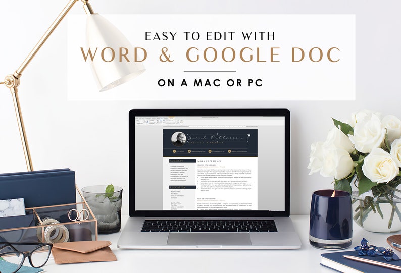 May include: A laptop computer displaying a resume template on the screen. The resume is in a dark blue and gold colour scheme. The text on the screen reads "Easy to edit with Word & Google Doc on a Mac or PC".