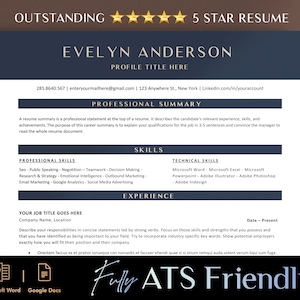 May include: A blue and white resume template with the title "Outstanding 5 Star Resume". The resume is for Evelyn Anderson and includes a professional summary, skills, and experience sections. The text "Fully ATS Friendly" is written in cursive at the bottom of the page.