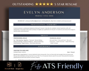 May include: A blue and white resume template with the title "Outstanding 5 Star Resume". The resume is for Evelyn Anderson and includes a professional summary, skills, and experience sections. The text "Fully ATS Friendly" is written in cursive at the bottom of the page.