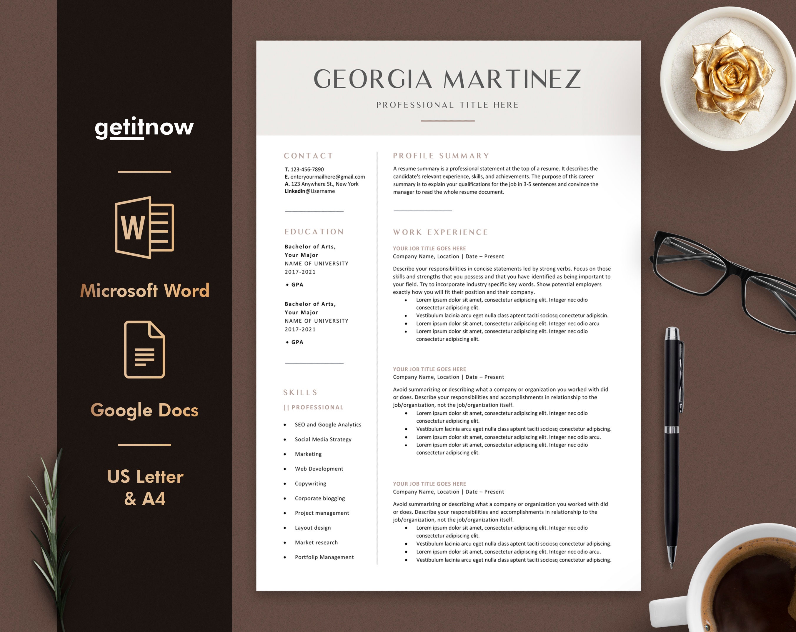 Resume Template | Professional Modern Resume Template Word, Google Docs ...