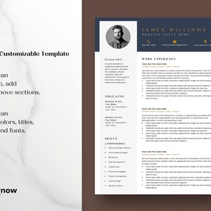 May include: A black and gold resume template with a professional headshot, contact information, and sections for summary, work experience, education, and skills. The template is fully customizable and can be edited to include colors, titles, text, and fonts.