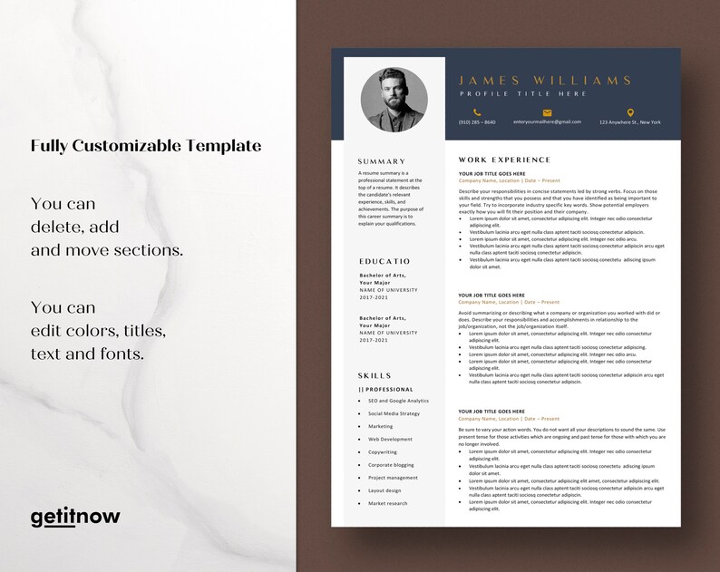 May include: A black and gold resume template with a professional headshot, contact information, and sections for summary, work experience, education, and skills. The template is fully customizable and can be edited to include colors, titles, text, and fonts.