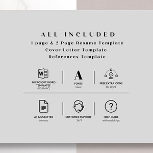 May include: A graphic showing the features included in a resume template package. The features include Microsoft Word templates, fonts, free extra icons, A4 and US letter formats, customer support, and a help guide.