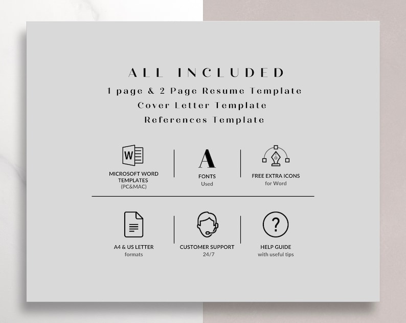 May include: A graphic showing the features included in a resume template package. The features include Microsoft Word templates, fonts, free extra icons, A4 and US letter formats, customer support, and a help guide.