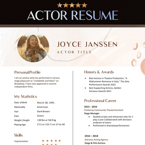 Professional Acting Resume Template Google Docs & Word Actors - Etsy