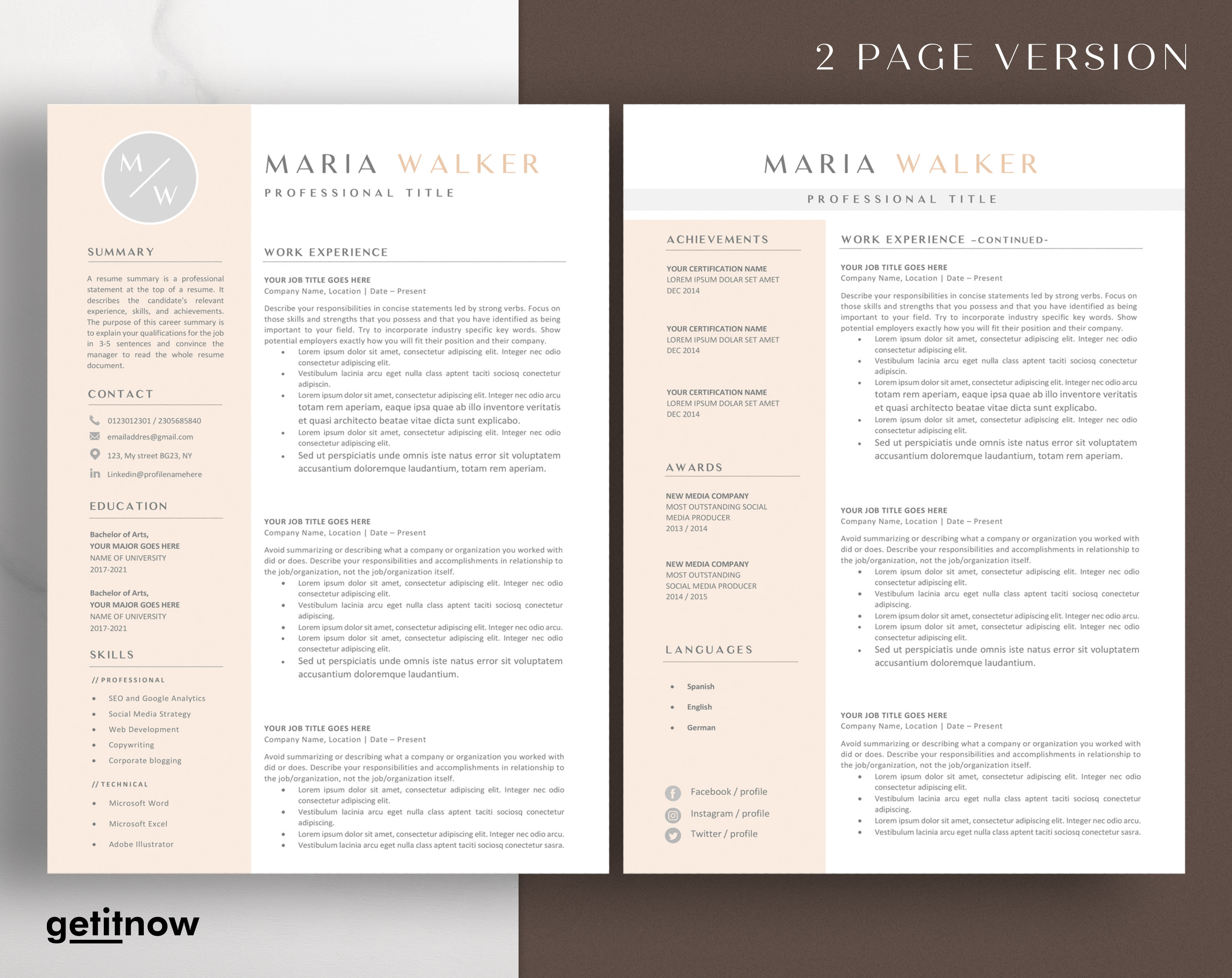 Professional Cv Template Google Docs Microsoft Word Resume - Etsy