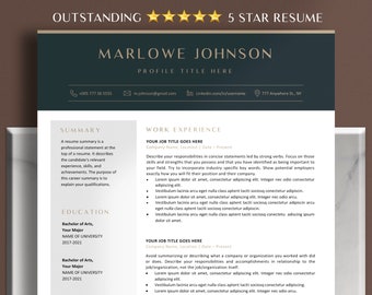 May include: A professional resume template with a dark teal header and a white body. The resume includes sections for summary, work experience, and education. The text "Outstanding 5 Star Resume" is at the top.