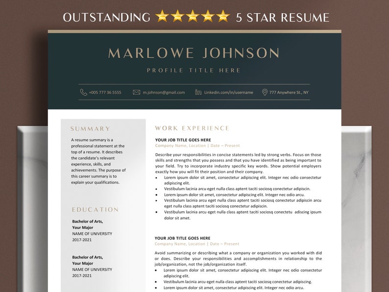May include: A professional resume template with a dark teal header and a white body. The resume includes sections for summary, work experience, and education. The text "Outstanding 5 Star Resume" is at the top.