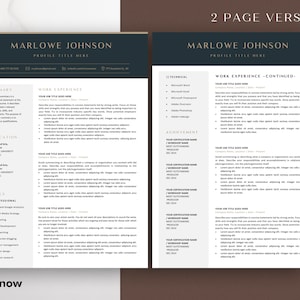 May include: A two-page resume template with a dark blue header and a light gray background. The resume includes sections for summary, education, skills, and work experience. The text "MARLOWE JOHNSON" is at the top, with the words "PROFILE TITLE HERE" below it.