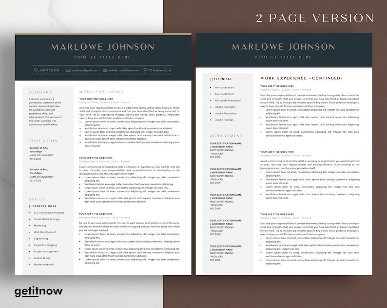 May include: A two-page resume template with a dark blue header and a light gray background. The resume includes sections for summary, education, skills, and work experience. The text "MARLOWE JOHNSON" is at the top, with the words "PROFILE TITLE HERE" below it.