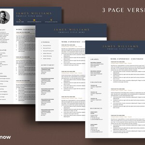 May include: A three-page resume template with a dark blue header and gold accents. The template includes sections for summary, work experience, education, skills, awards, volunteer experience, and references. The name "James Williams" is displayed at the top of each page.