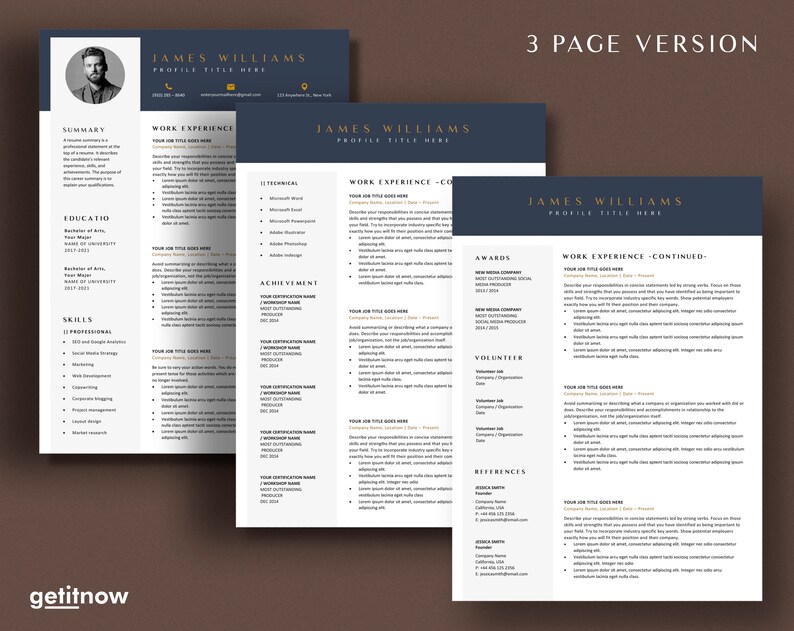May include: A three-page resume template with a dark blue header and gold accents. The template includes sections for summary, work experience, education, skills, awards, volunteer experience, and references. The name "James Williams" is displayed at the top of each page.