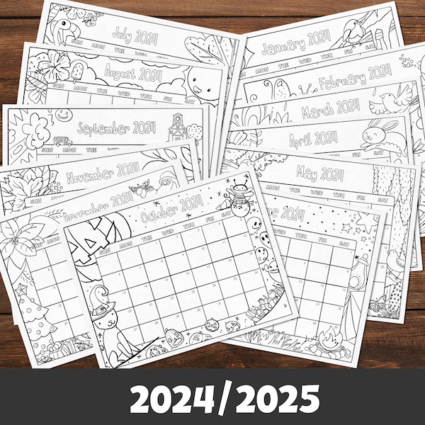 Coloring Calendar 2024 - 2025, Printable Activity Calendar for Kids