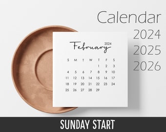 Minikalender 2024, 2025 und 2026 - Sonntagsstart - Monatlicher Tischkalender - 3x10 cm - Druckbarer Minikalender