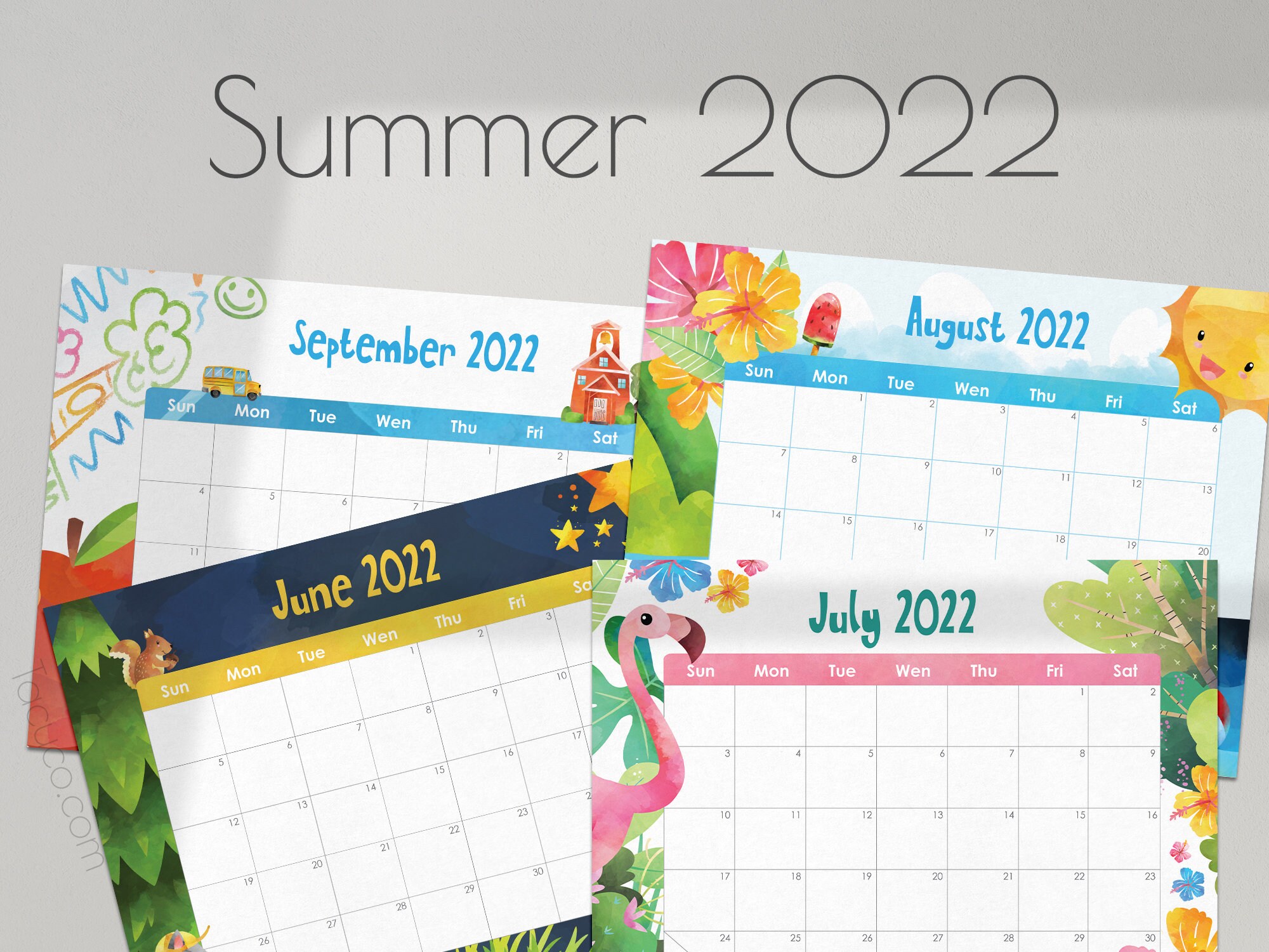 summer calendar 2022 4 months printable calendar etsy