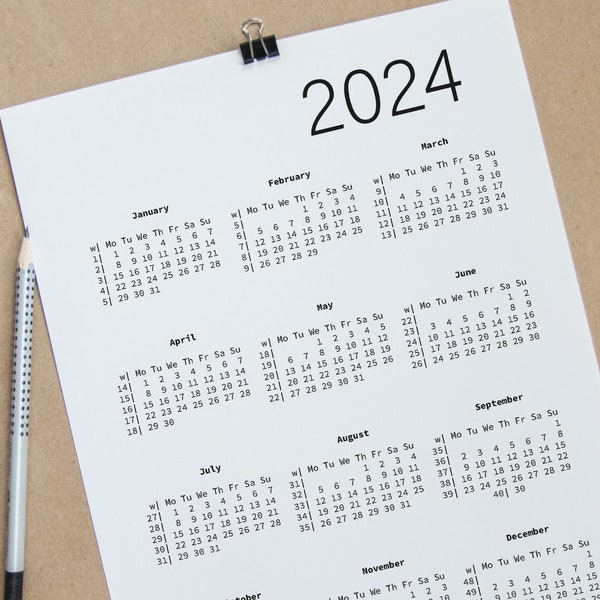 Kalender 2024, maandagstart, weeknummer, jaarkalender