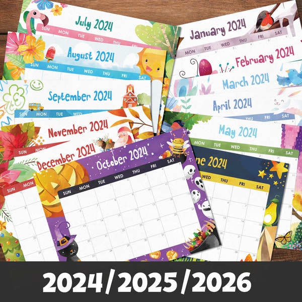 Printable Calendar 2024, 2025, 2026 Fillable kids calendar, printable calendar