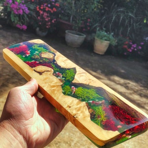 May include: A long, rectangular piece of wood with a clear resin inlay. The resin contains green and red swirls, as well as small white fish. The wood is a light brown color.