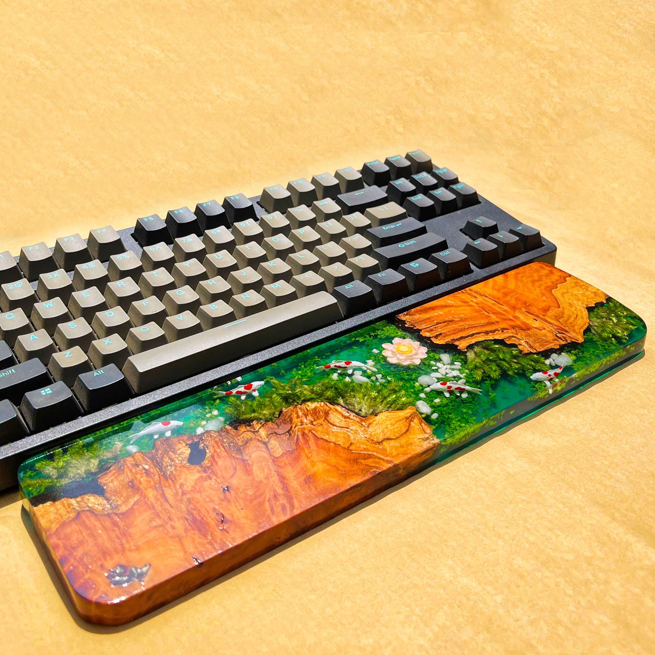 Handmade River Koi Fish Wooden Keyboard Wrist Rest, Epoxy Resin