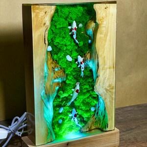 May include: A rectangular wooden lamp with a resin interior featuring a green moss landscape and miniature koi fish. The lamp has a wooden base and a light cord.