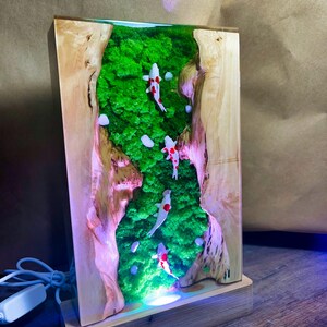May include: A rectangular wooden lamp with a resin interior featuring a green moss landscape and koi fish. The lamp has a light base and a power cord. The koi fish are white with red markings.