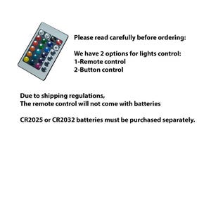 May include: A silver remote control with multiple colored buttons, including red, green, blue, and white. Text on the image states the remote control will not come with batteries and that CR2025 or CR2032 batteries must be purchased separately.