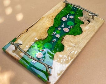 Personalized Green River Koi Fish Tray,resin tray decorLive Edge Wood Serving Board, Aquarium Art Handles,housewarming gift