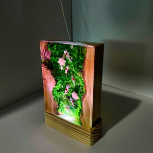 Puede incluir: L&aacute;mpara rectangular de madera con una escena interior detallada. La l&aacute;mpara presenta un vibrante paisaje verde y rosa con peces koi en miniatura y flores. La l&aacute;mpara est&aacute; iluminada desde el interior, creando un brillo c&aacute;lido.