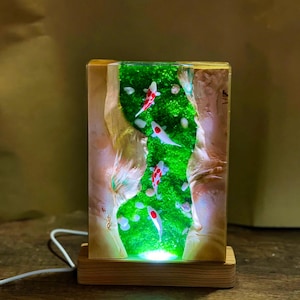 Handmade Resin Koi Fish Lamp: Wood & Epoxy River Decor