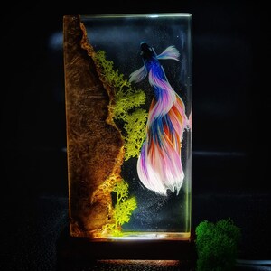 May include: A rectangular resin art piece featuring a vibrant betta fish with blue, pink, and orange fins. The fish is set against a dark background with green moss and a textured wood element, creating a unique decorative item.