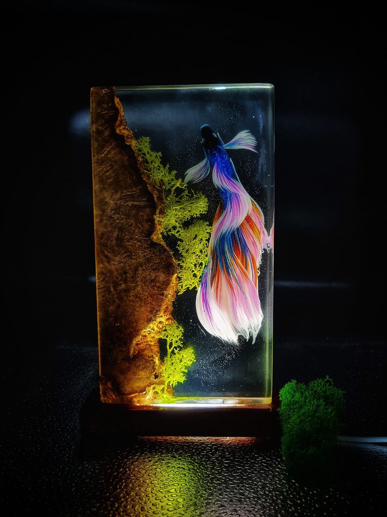 May include: A rectangular resin art piece featuring a vibrant betta fish with blue, pink, and orange fins. The fish is set against a dark background with green moss and a textured wood element, creating a unique decorative item.