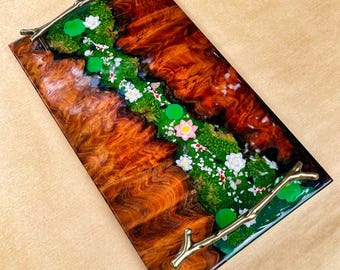 Wood Resin River Koi Fish Tray,Dark Burl Wood Tray,Koi Pond Tray,Housewarming Gift,Christmas Gift