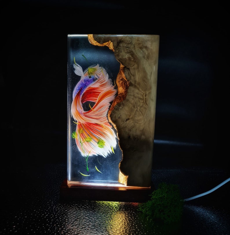 May include: A rectangular lamp featuring a vibrant, hand-painted betta fish encased in clear resin. The fish has red, orange, and white fins. The right side of the lamp is natural wood. The lamp is lit from within, creating a warm glow.