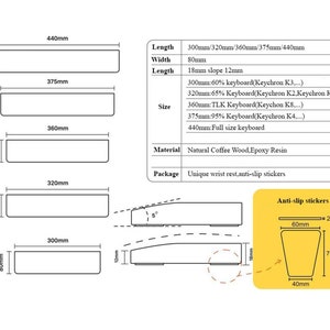 K&ouml;nnte beinhalten: Diagramm einer Handballenauflage f&uuml;r Tastaturen, mit Abmessungen in Millimetern. Die Handballenauflage besteht aus nat&uuml;rlichem Kaffeeholz und Epoxidharz. Inklusive Anti-Rutsch-Aufklebern. Gr&ouml;&szlig;en von 30 cm bis 44 cm L&auml;nge.