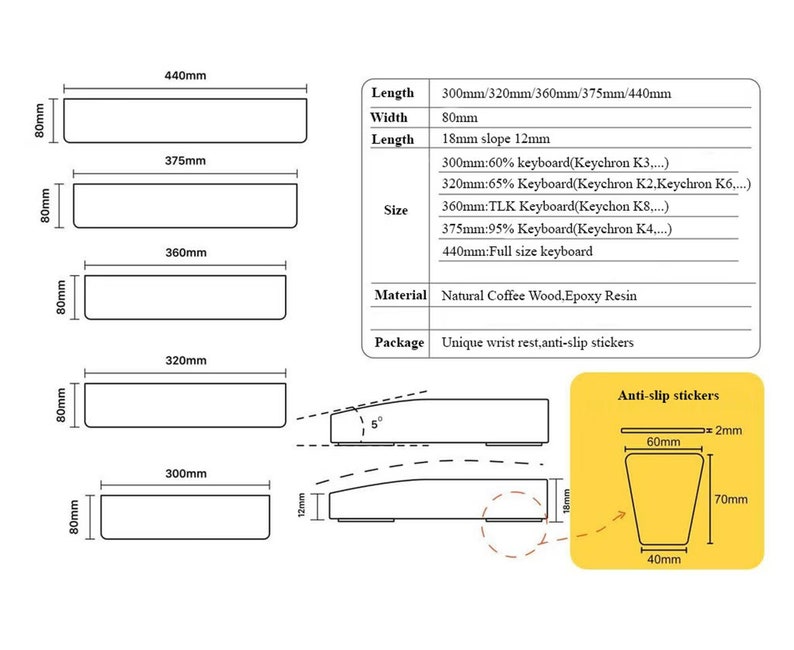 K&ouml;nnte beinhalten: Diagramm einer Handballenauflage f&uuml;r Tastaturen, mit Abmessungen in Millimetern. Die Handballenauflage besteht aus nat&uuml;rlichem Kaffeeholz und Epoxidharz. Inklusive Anti-Rutsch-Aufklebern. Gr&ouml;&szlig;en von 30 cm bis 44 cm L&auml;nge.