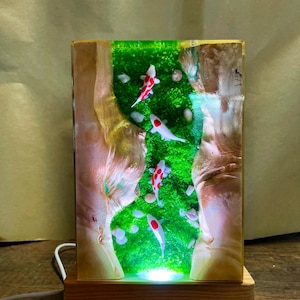 May include: A rectangular resin lamp featuring a miniature koi pond scene. The lamp showcases white and red koi fish swimming in a green, mossy environment with small rocks. The sides are made of wood, and the base is a light-colored wood.