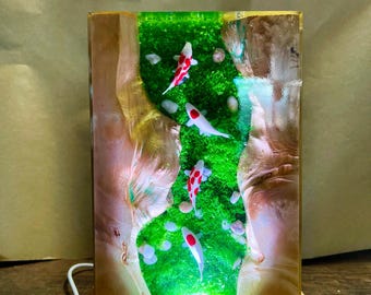 Handmade Resin Green Koi Fish Lamp: Wood & Epoxy River Decor