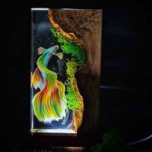 May include: A rectangular resin art piece featuring a colorful betta fish with flowing fins. The fish is set against a dark background with green moss and a wood grain side. The piece is illuminated from below.